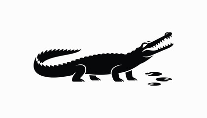 Silhouette Illustration of Crocodile with Open Mouth and Footprints, Isolated on White Background, Wild Animal Vector for Logo, Mascot, or Design.