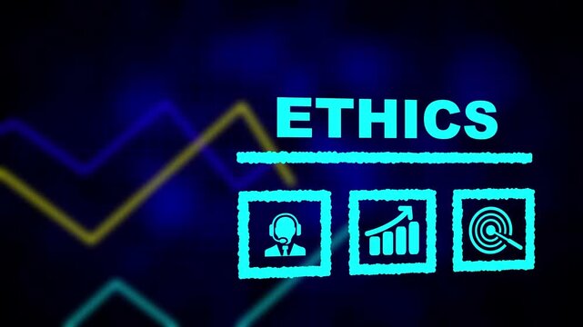 A Ethics business concept on a flashing computer monitor with moving graphs and data. Digital candlestick financial market chart bars. Trading and investment, Abstract data graph for business success