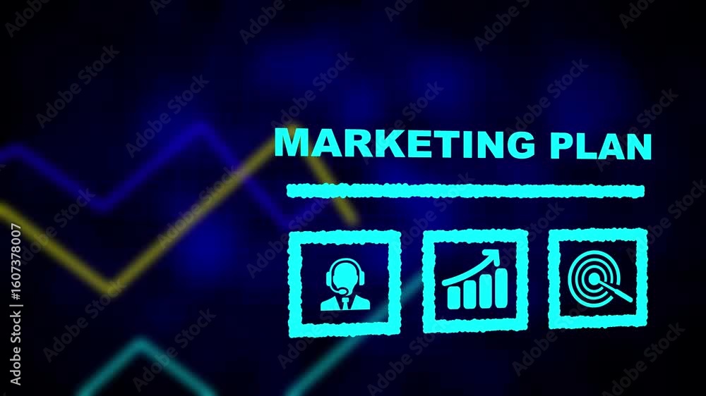 Poster a marketing plan business concept on a flashing computer monitor with moving graphs and data. digita
