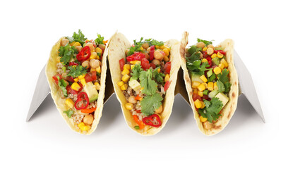 Tasty vegetarian tacos with chickpeas, corn and quinoa isolated on white