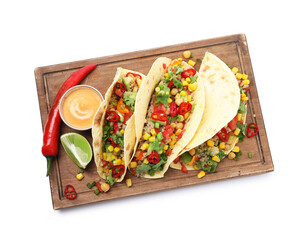 Tasty vegetarian tacos with chickpeas, corn and quinoa isolated on white, top view