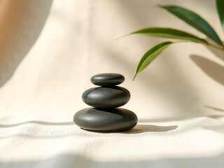 Zen Garden Stones and Bamboo Leaves on White Fabric Tranquil Spa and Mindfulness Concept