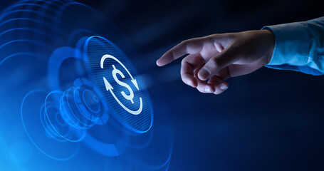 Currency Exchange and Global Financial Trading Concept - Hand Touching Digital Icon on Screen