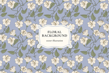 Vintage card with white bells flowers. Floral wreath. Decorative flowers background with label designs. Seamless pattern