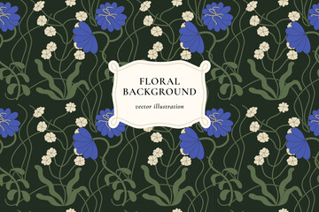 Vintage card with violet flowers. Floral wreath. Decorative flowers background with label designs. Seamless pattern
