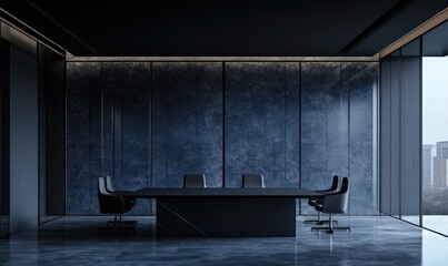 Dark, modern conference room with city view