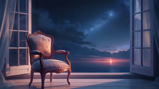 Elegant antique chair overlooking a calm sea at sunset under a starlit sky