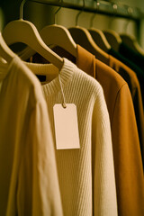 A clothing rack with several garments hanging on wooden hangers in a boutique or retail store. A blank price tag is displayed on a sweater suggesting concepts like retail, shopping, pricing and sales