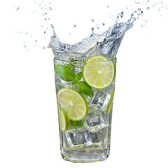 Fototapeta premium Refreshing drink with lime, ice, and splash in glass, isolated on transparent background