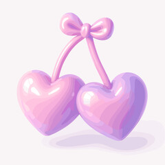 Twin Heart Cherries with Bow in Glossy Pastel 3D Style
