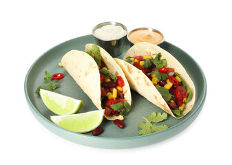 Tasty vegetarian tacos with beans, vegetables, sauces and lime isolated on white