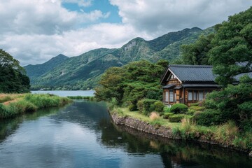 Obraz premium Serene lakeside cabin nestled amidst lush greenery with majestic mountains and reflective water under a cloudy sky