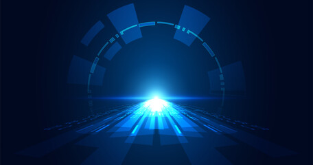 Futuristic digital background with glowing blue light, abstract shapes, and lines creating a sense of depth and technological advancement.