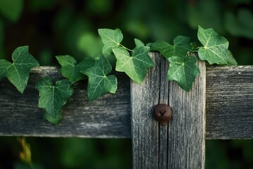 Ivy clinging to weathered wooden fence. Lush green leaves on aged gray planks