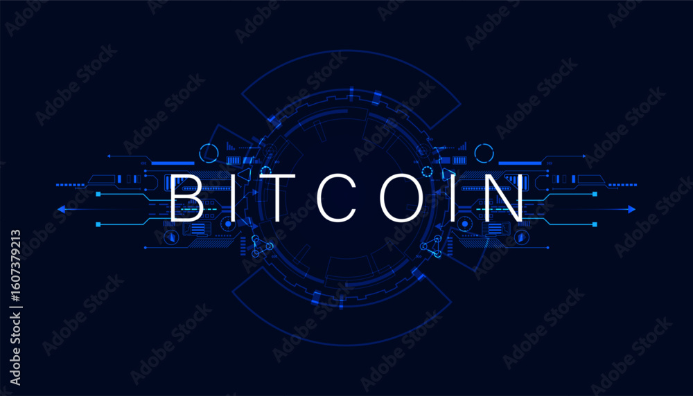 Poster an abstract digital representation of bitcoin, showcasing intricate patterns and blue circuitry on a