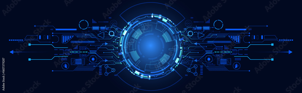 Poster futuristic abstract background featuring a glowing circular element surrounded by intricate digital 