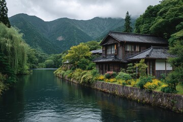 Fototapeta premium Serene riverside japanese village nestled amongst lush green mountains under a cloudy sky