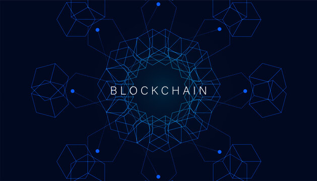 Abstract digital representation of blockchain technology, featuring interconnected geometric shapes and nodes illustrating data integrity and security.