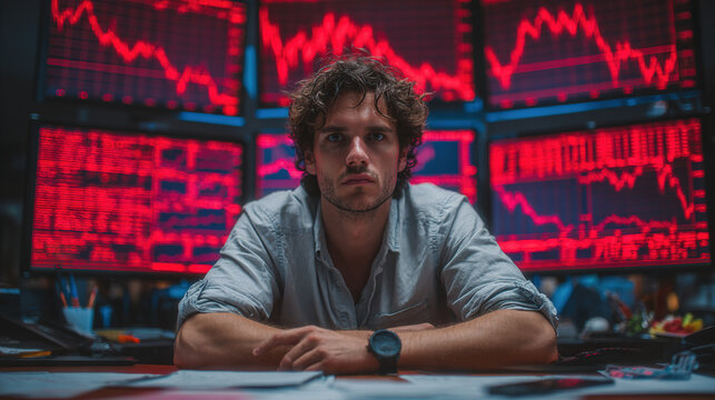 A focused trader watches falling stock prices on several computer monitors, looking worried.