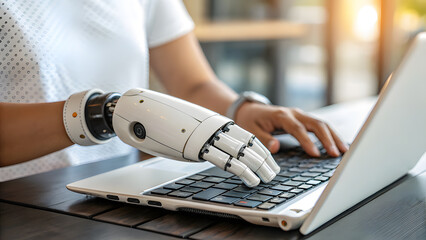 Person with prosthetic arm typing on laptop technology 1