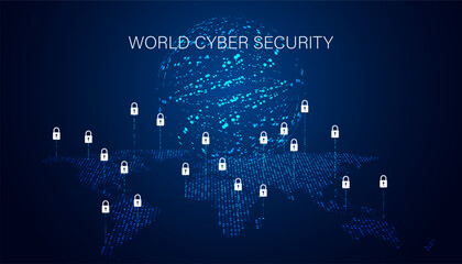 A digital representation of world cyber security showcasing a network of locks over a global map, emphasizing the importance of online protection.