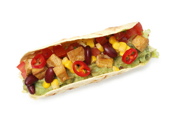Tasty vegetarian taco with beans, tofu, vegetables and guacamole isolated on white, top view