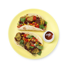 Tasty vegetarian tacos with falafel, tofu, beans, vegetables and sauce isolated on white, top view
