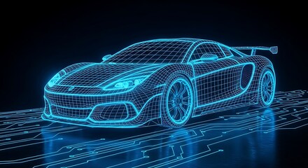 A futuristic digital car glows with neon lights on a circuit board