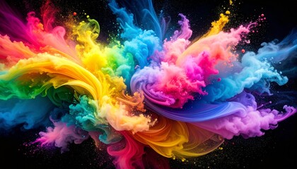 Fototapeta premium Abstract swirls of rainbow pastel chalk dust on a black canvas, soft powder textures with glowing highlights.