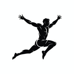 Silhouette of athletic man jumping with arms raised, dynamic sports vector illustration, isolated on white background for fitness, logo, or design projects.