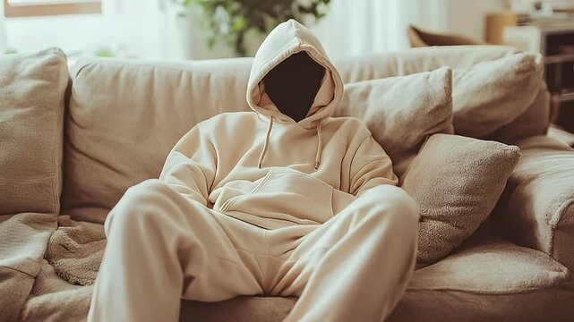 An faceless figure in a cream-colored hoodie and sweats sits relaxing on a beige couch with plants in the background