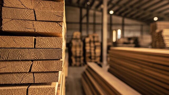 Close-up of stacked wooden planks in a timber warehouse, showcasing natural wood grain and texture, with a blurred industrial background.