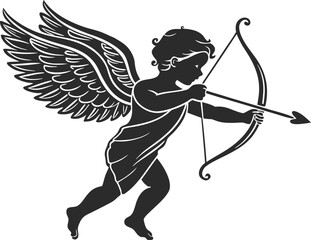 Fototapeta premium Silhouette vector of Cupid with wings, bow, and arrow. Black clip art icon isolated on a transparent background, perfect for Valentine’s Day, romance, and love-themed designs.