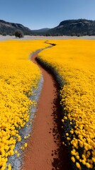 Vibrant yellow flower field with winding dirt path
