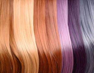 Fototapeta premium Variety of hair color swatches ranging from natural blonde and auburn to vibrant purple and silver, showcasing a wide spectrum of hair dye options.