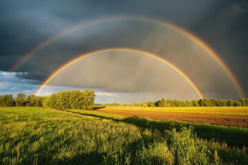 Naklejka premium Double rainbow arches over a landscape of fields and trees under a dramatic sky
