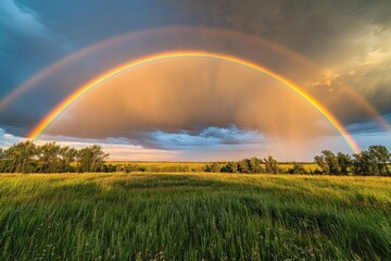 Naklejka premium A vibrant rainbow arches across a grassy landscape, under a dramatic sky