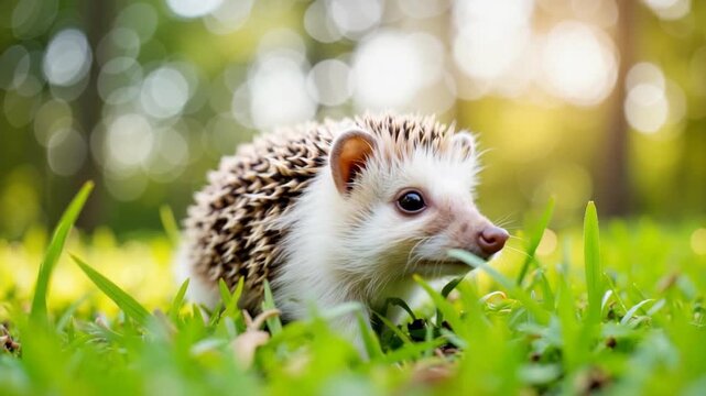 Adorable hedgehog in grass, a cute pet in natural setting. Hedgehog, a small mammal with spiny quills, walks through green grass, sun highlighting its features. Showcase hedgehog for video content