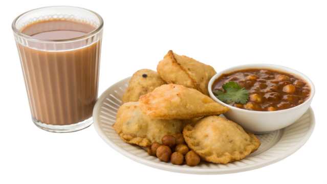 Delicious samosas with chutney and a refreshing glass of chai isolated on transparent background
