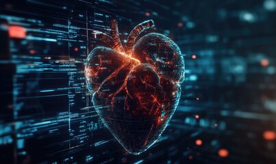 3D digital heart model, overlaid with glowing code and data streams. Complex, glowing network of lines forms a heart shape, within a dark background of digital code and data visualizations