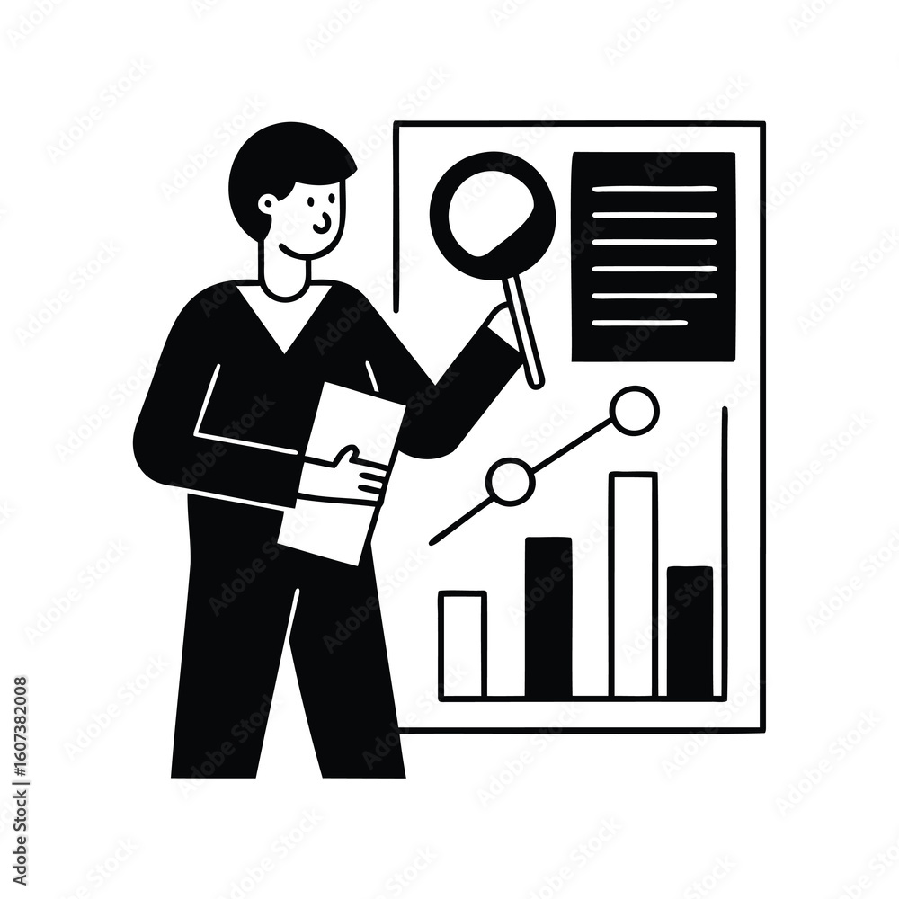 Aufkleber man presenting business analysis using magnifying glass and data driven charts