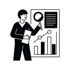 Man presenting business analysis using magnifying glass and data driven charts