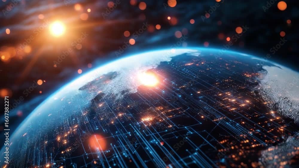 Poster connected world: a vibrant depiction of earth interconnected by digital pathways and data streams, s