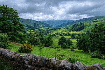 Obraz premium Rolling green hills and verdant valleys under a dramatic cloudy sky in a picturesque landscape