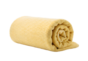 Rolled Up Soft Yellow Towel Clean and Fresh Texture Spa and Wellness Concept isolated on white or transparent background. PNG