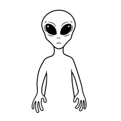 Minimalist UFO alien character, black outline isolated on transparent or white background, vector illustration.