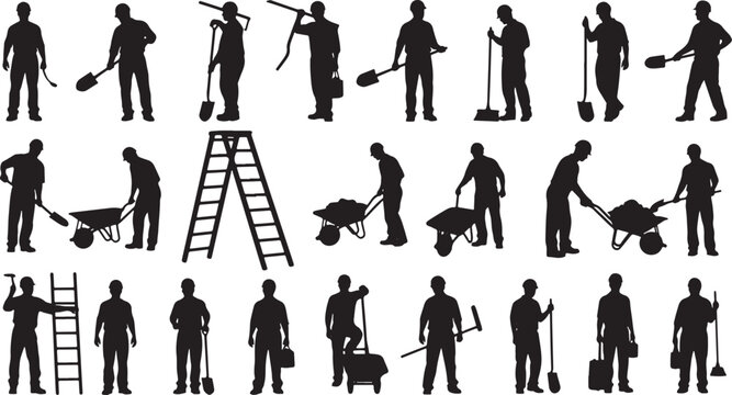 Silhouettes of construction workers with tools and equipment, construction worker, silhouette, man, person, worker, laborer, construction, building, manual labor, tool, shovel, spade, wheelbarrow, lad