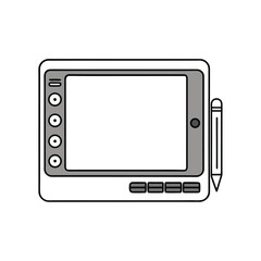 Outline illustration of a drawing tablet with a stylus isolated on white background