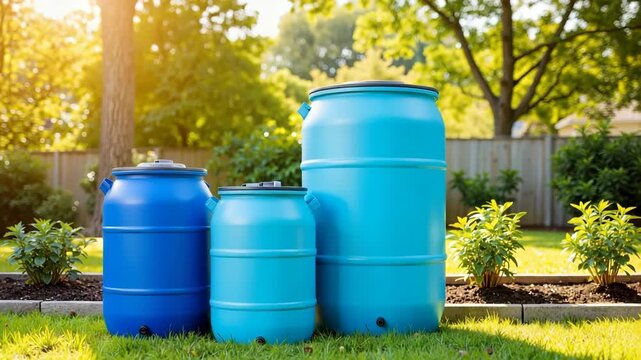 Three blue water barrels aligned outdoors on green lawn, blue water barrels offer sustainable solution for rainwater collection. Plastic water containers conserve water