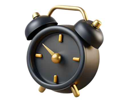 Vector art of a classic black alarm clock with gold accents, representing time and punctuality isolated on transparent background